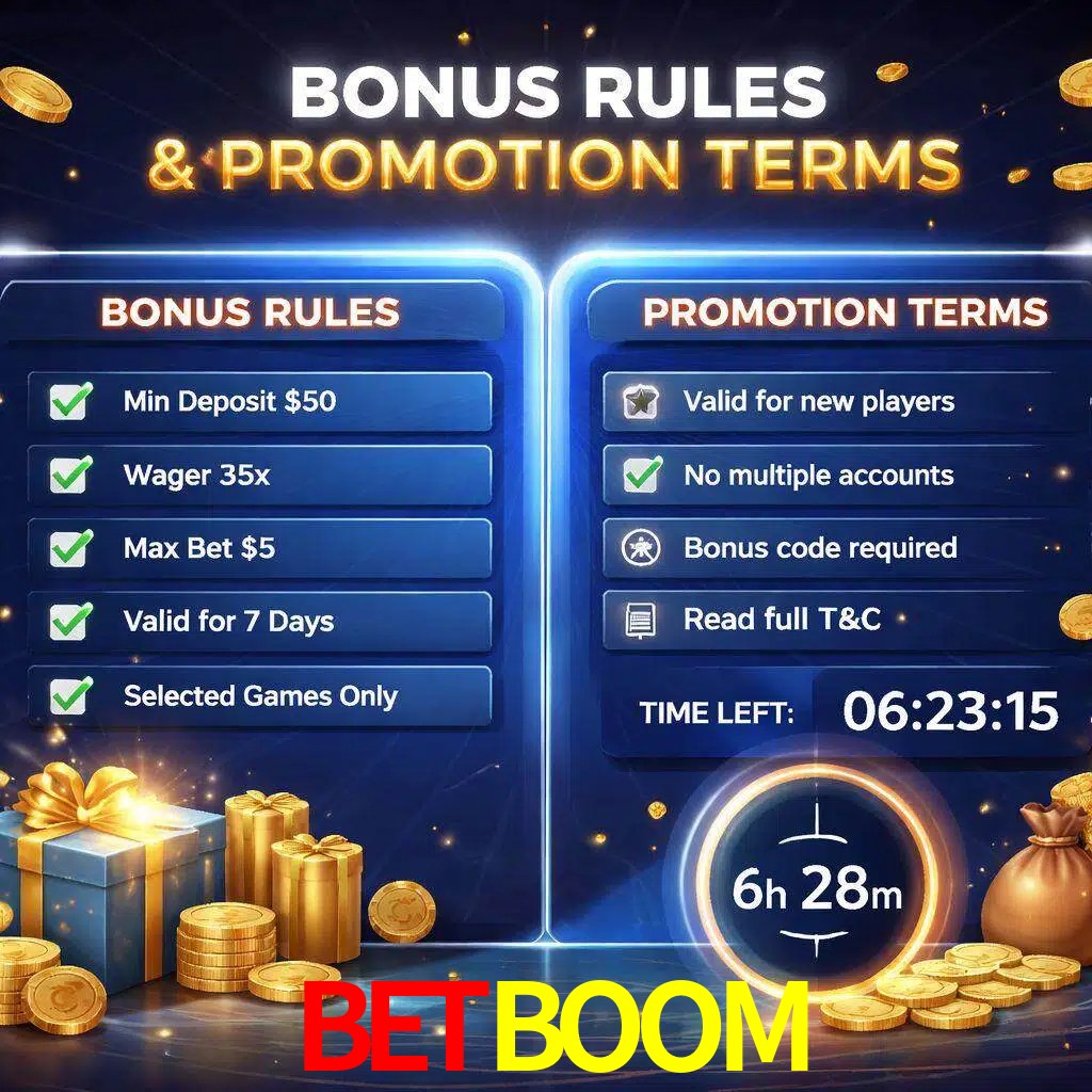 Reglas de promoción BETBOOM y condiciones de bonos explicadas visualmente
