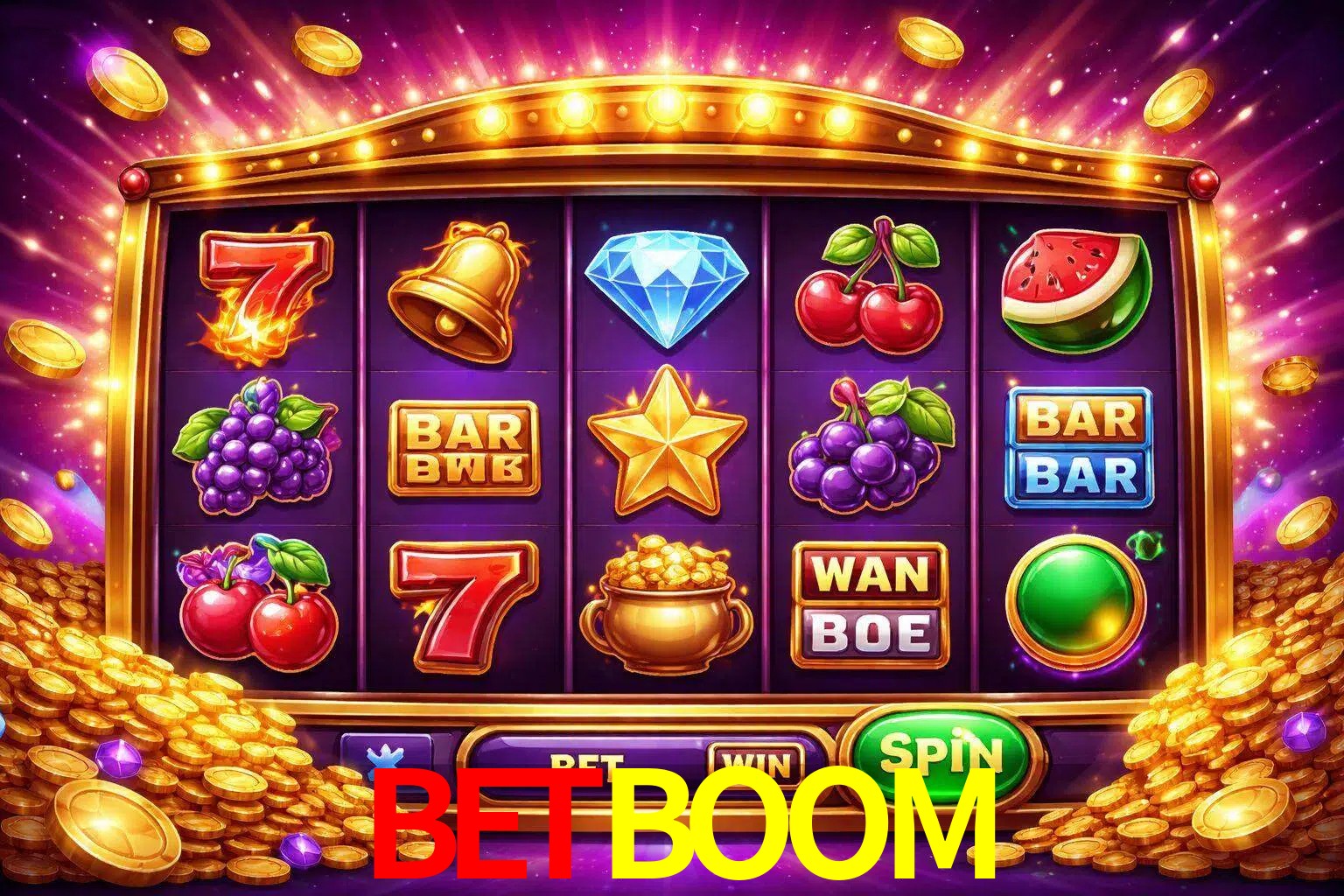 Una interfaz colorida de tragamonedas en línea con símbolos brillantes, monedas y un efecto de victoria celebratoria en BETBOOM.