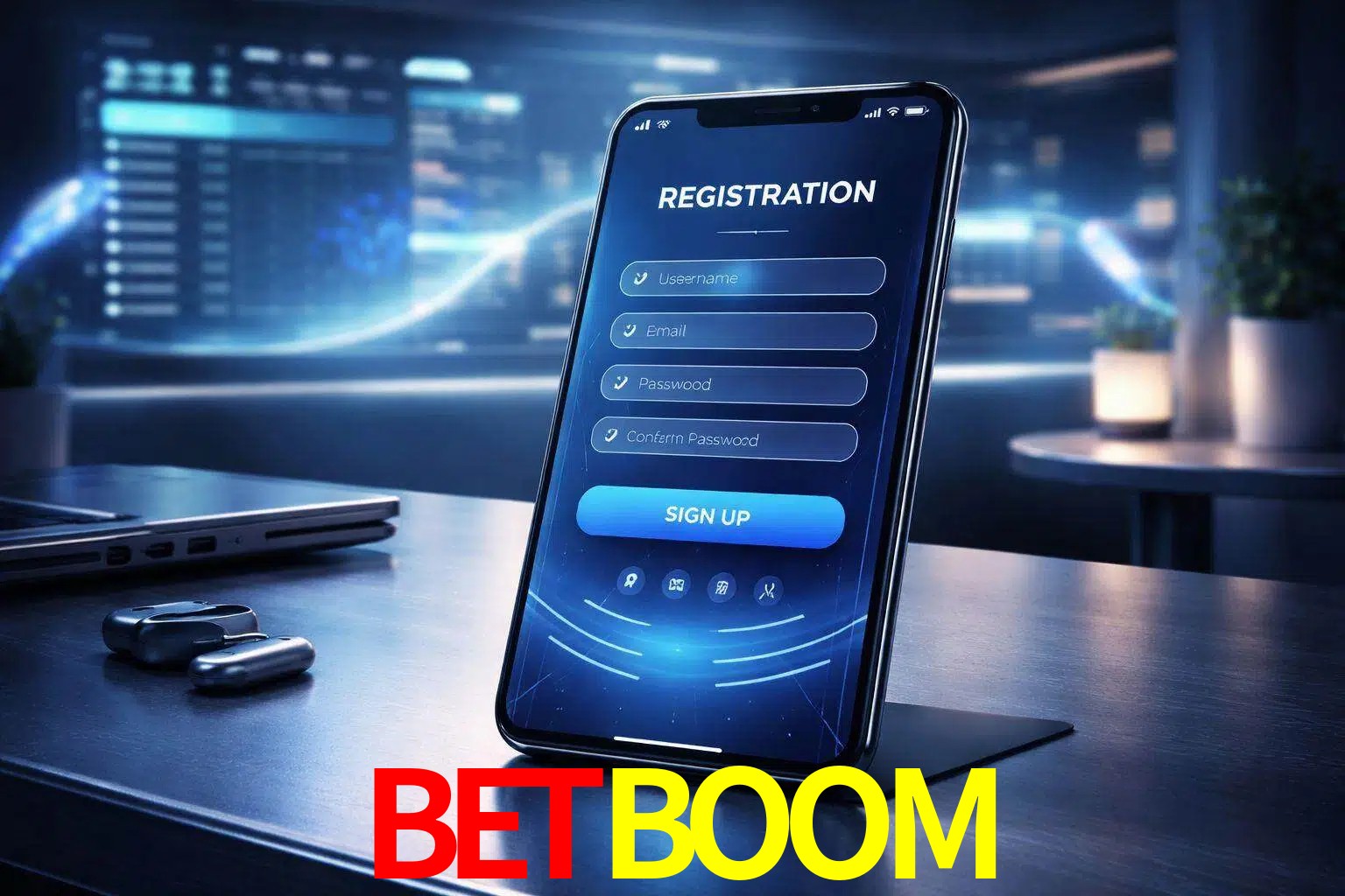 Una interfaz moderna de registro móvil para BETBOOM mostrada en un smartphone con un panel de apuestas elegante.